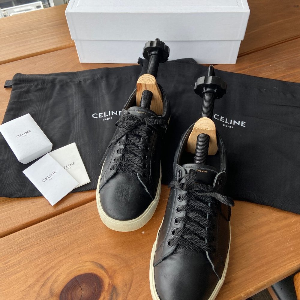 CELINE TRIOMPHE LOW LACE UP SNEAKER IN CALFSKIN  LEATHER BLACK size EU 39 /US 9